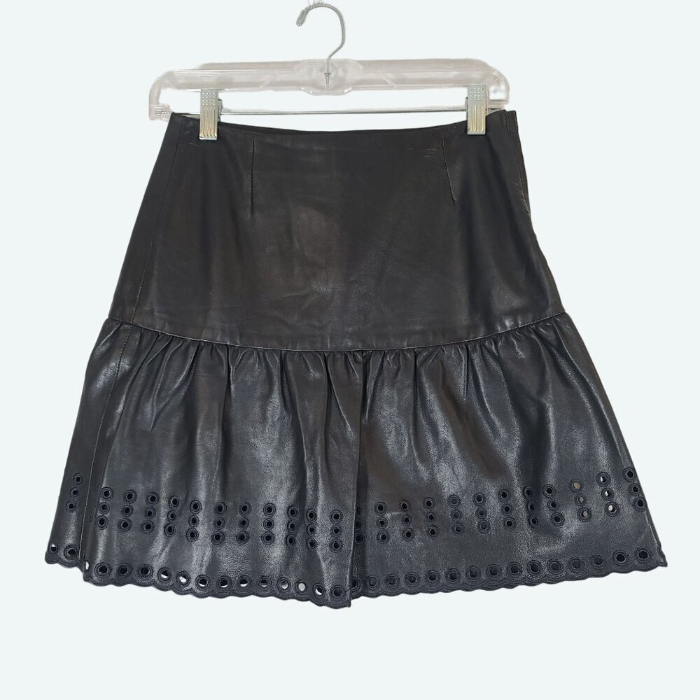 Red Valentino Lambskin Leather Black Mini Skirt Scalloped Hem‎ Eyelet Detail 38